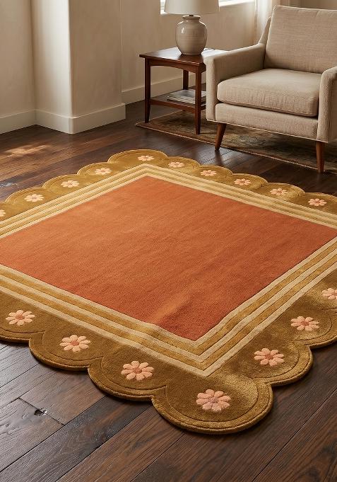 Saffron Rugs Hand Tufted Terracotta Orange Floral Bohemian Scalloped Wool Area Rug