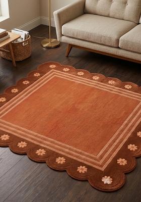 Saffron Rugs Hand Tufted Rust Orange Floral Bohemian Scalloped Wool Area Rug