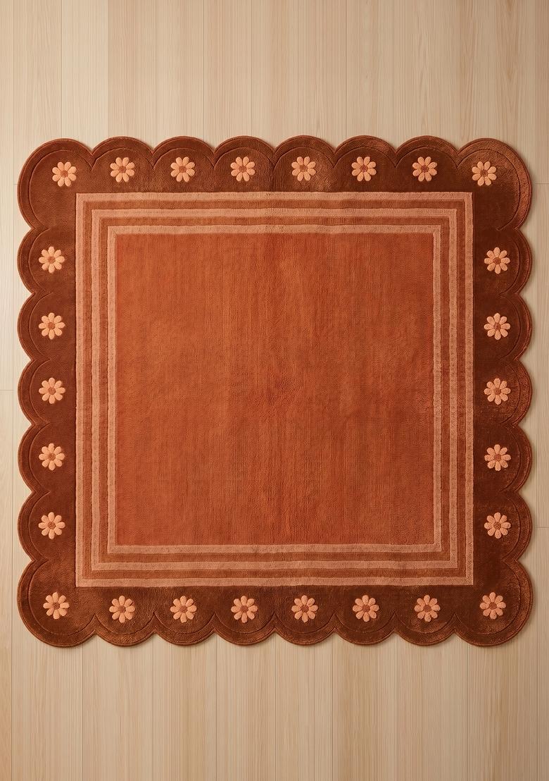 Saffron Rugs Hand Tufted Rust Orange Floral Bohemian Scalloped Wool Area Rug - Indya