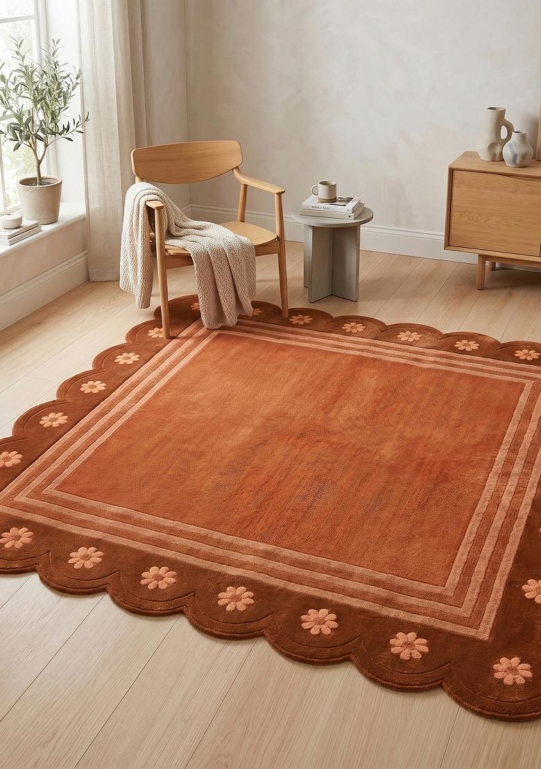 Saffron Rugs Hand Tufted Rust Orange Floral Bohemian Scalloped Wool Area Rug - Indya