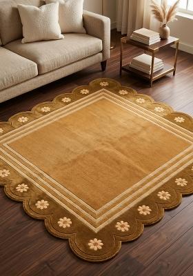 Saffron Rugs Hand Tufted Gold Floral Bohemian Scalloped Wool Area Rug