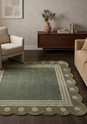 Saffron Rugs Hand Tufted Sage Green Floral Bohemian Scalloped Wool Area Rug