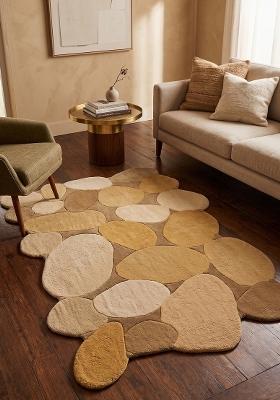Saffron Rugs Hand Tufted Golden Ochre Geometric Contemporary Scalloped Wool Area Rug