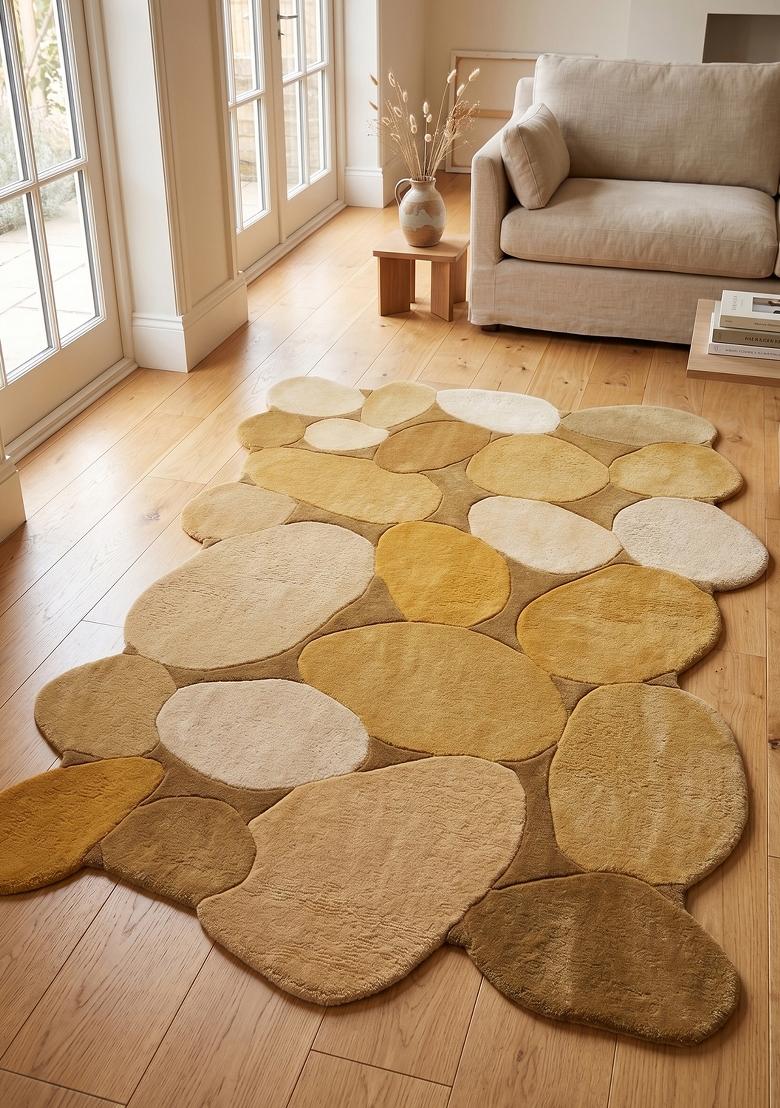 Saffron Rugs Hand Tufted Golden Ochre Geometric Contemporary Scalloped Wool Area Rug - Indya