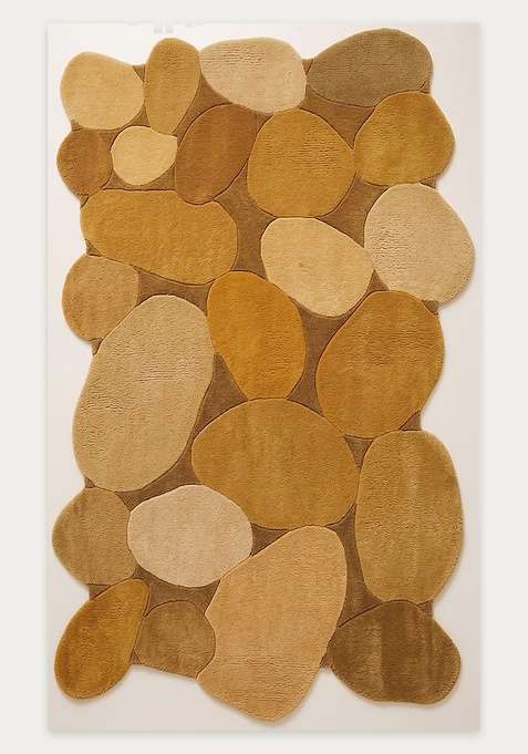 100% Wool Handmade Golden Ochre Rug | Contemporary Geometric Scalloped Carpet With Cotton Backing For Living Room