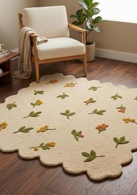 Saffron Rugs Hand Tufted Beige Floral Cottage Scalloped Wool Area Rug