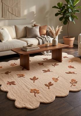 Saffron Rugs Hand Tufted Peach Floral Cottage Scalloped Wool Area Rug