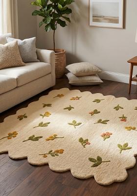 Saffron Rugs Hand Tufted Cream Beige Floral Cottage Scalloped Wool Area Rug