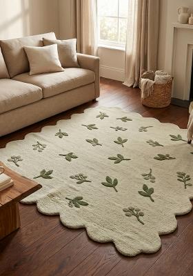 Saffron Rugs Hand Tufted Cream Ivory Floral Cottage Scalloped Wool Area Rug