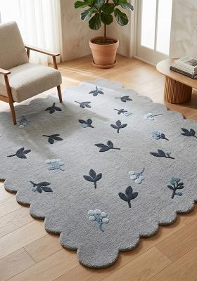 Saffron Rugs Hand Tufted Blue Grey Floral Cottage Scalloped Wool Area Rug