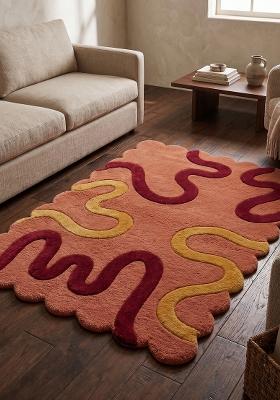 Saffron Rugs Hand Tufted Peach Swirls Retro Scalloped Wool Area Rug