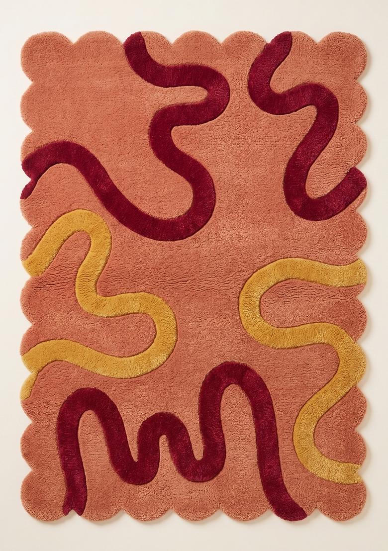 Saffron Rugs Hand Tufted Peach Swirls Retro Scalloped Wool Area Rug - Indya