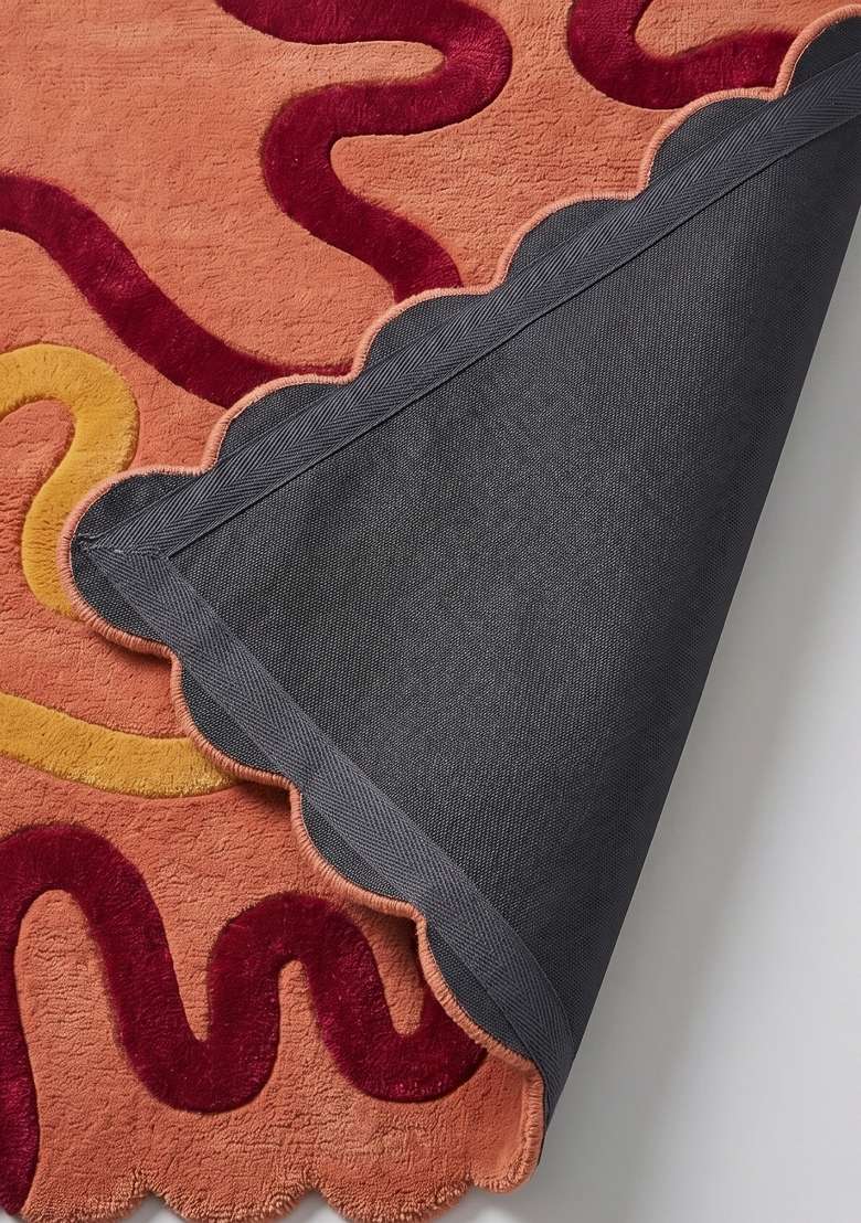 100% Wool Handmade Peach Rug | Retro Swirls Scalloped Carpet With Cotton Backing For Living Room - Indya