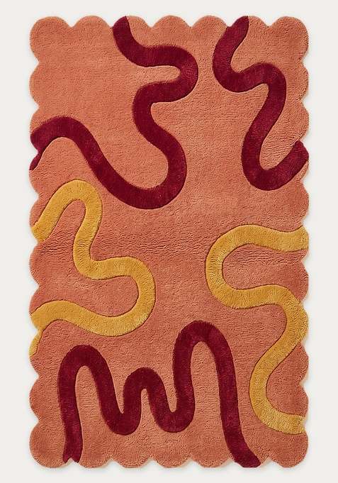 100% Wool Handmade Peach Rug | Retro Swirls Scalloped Carpet With Cotton Backing For Living Room