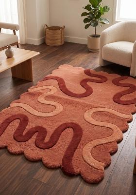 Saffron Rugs Hand Tufted Peach With Yellow Swirls Retro Scalloped Wool Area Rug