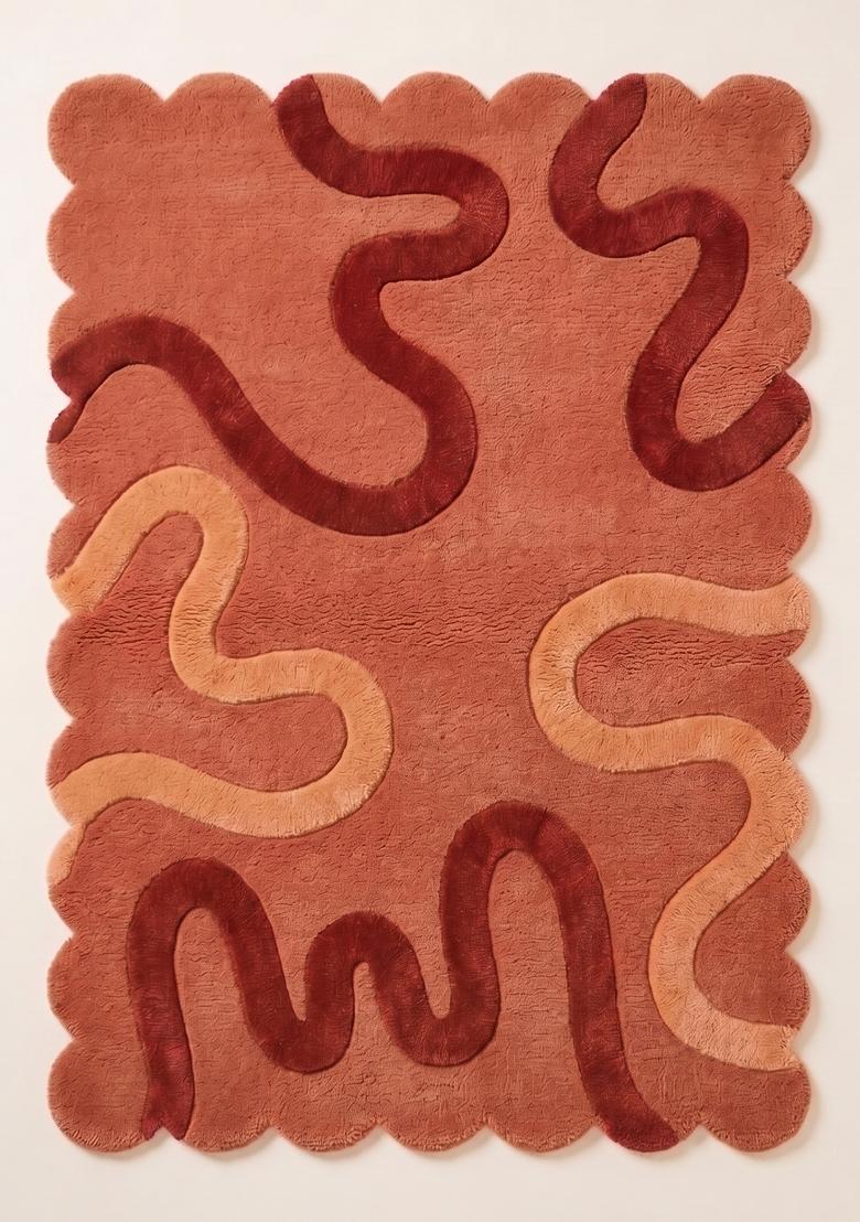 Saffron Rugs Hand Tufted Peach With Yellow Swirls Retro Scalloped Wool Area Rug - Indya