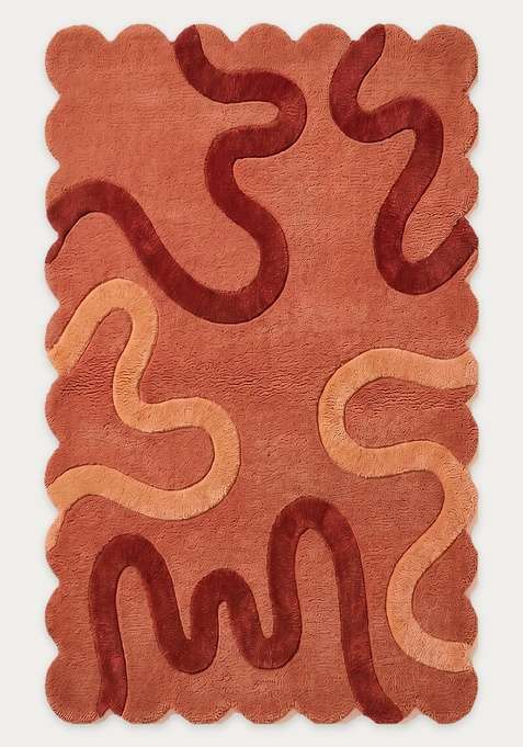 100% Wool Handmade Peach With Yellow Rug | Retro Swirls Scalloped Carpet With Cotton Backing For Living Room