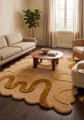 Saffron Rugs Hand Tufted Camel Swirls Retro Scalloped Wool Area Rug