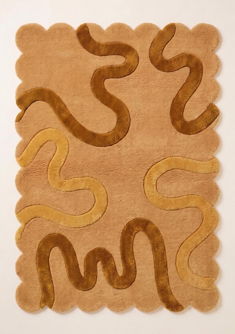 Saffron Rugs Hand Tufted Camel Swirls Retro Scalloped Wool Area Rug - Indya