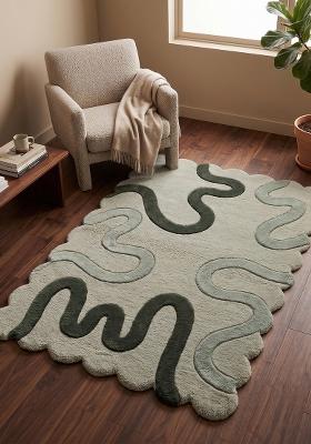 Saffron Rugs Hand-Tufted 100% Wool Area Rug | Sage Green Scalloped Rug | Cotton Backing | Retro Swirls Home Decor Carpet for Living Room Bedroom