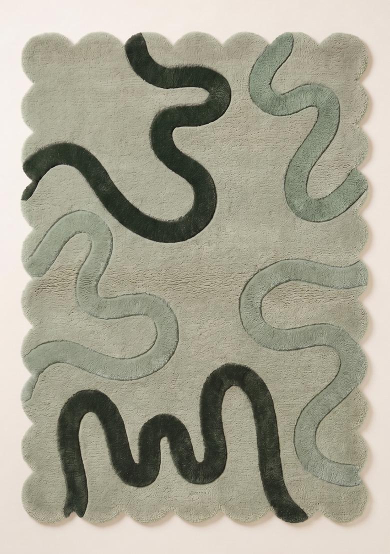 Saffron Rugs Hand Tufted Sage Green Swirls Retro Scalloped Wool Area Rug - Indya