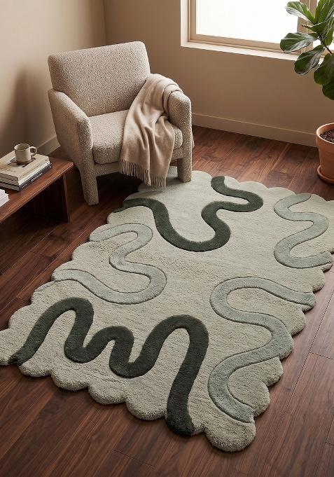 Saffron Rugs Hand Tufted Sage Green Swirls Retro Scalloped Wool Area Rug