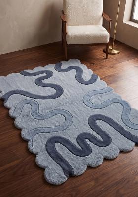 Saffron Rugs Hand Tufted Steel Blue Swirls Boho Scalloped Wool Area Rug