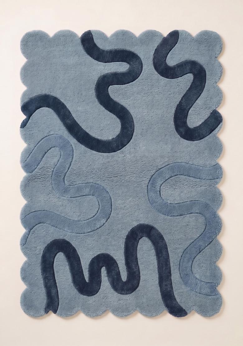 Saffron Rugs Hand Tufted Steel Blue Swirls Boho Scalloped Wool Area Rug - Indya