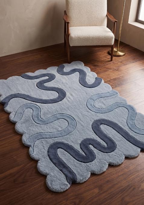 Saffron Rugs Hand Tufted Steel Blue Swirls Boho Scalloped Wool Area Rug