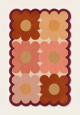Saffron Rugs Hand Tufted Pink Coral Multi Floral Retro Scalloped Wool Area Rug