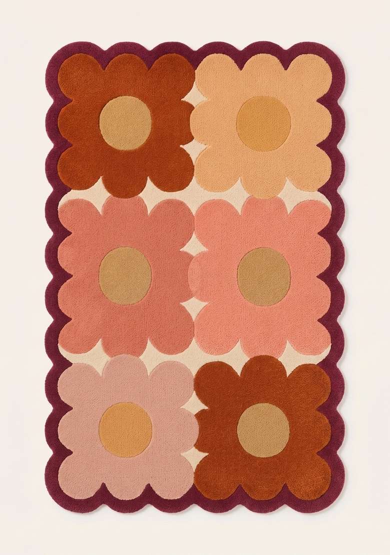 100% Wool Handmade Pink Coral Multi Rug | Retro Floral Scalloped Carpet With Cotton Backing For Living Room - Indya