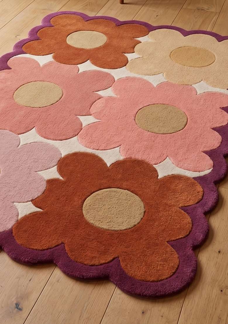 100% Wool Handmade Pink Coral Multi Rug | Retro Floral Scalloped Carpet With Cotton Backing For Living Room - Indya