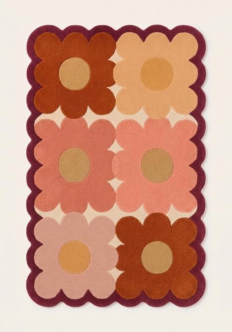Saffron Rugs Hand Tufted Pink Coral Multi Floral Retro Scalloped Wool Area Rug