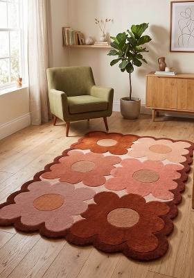 Saffron Rugs Hand-Tufted 100% Wool Area Rug | Multicolor (Terracotta, Salmon Pink, Blush Pink) Scalloped Rug | Cotton Backing | Retro Floral Home Decor Carpet for Living Room Bedroom