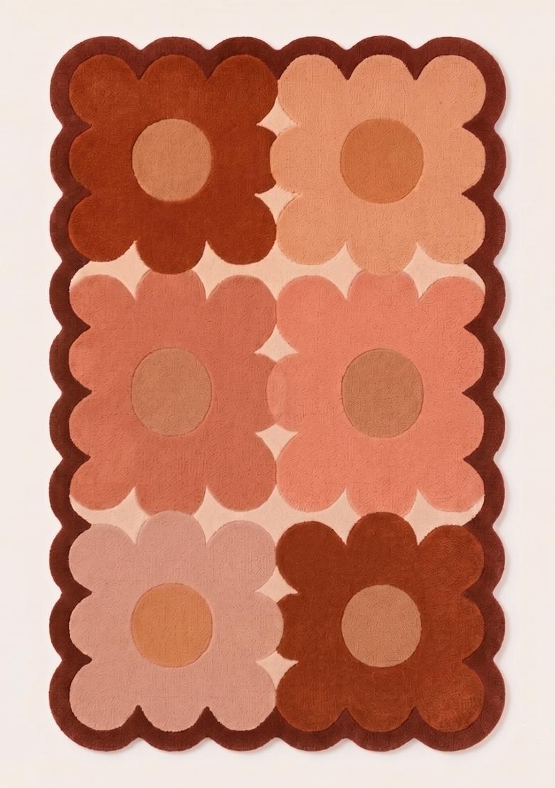 Saffron Rugs Hand Tufted Salmon Pink Floral Retro Scalloped Wool Area Rug - Indya