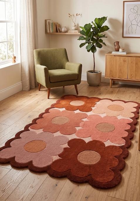 Saffron Rugs Hand Tufted Salmon Pink Floral Retro Scalloped Wool Area Rug