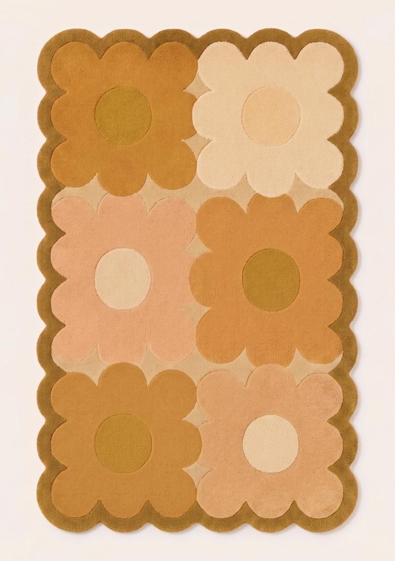 Saffron Rugs Hand Tufted Tan Brown Floral Retro Scalloped Wool Area Rug - Indya