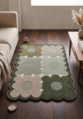 Saffron Rugs Hand Tufted Sage Green Floral Retro Scalloped Wool Area Rug