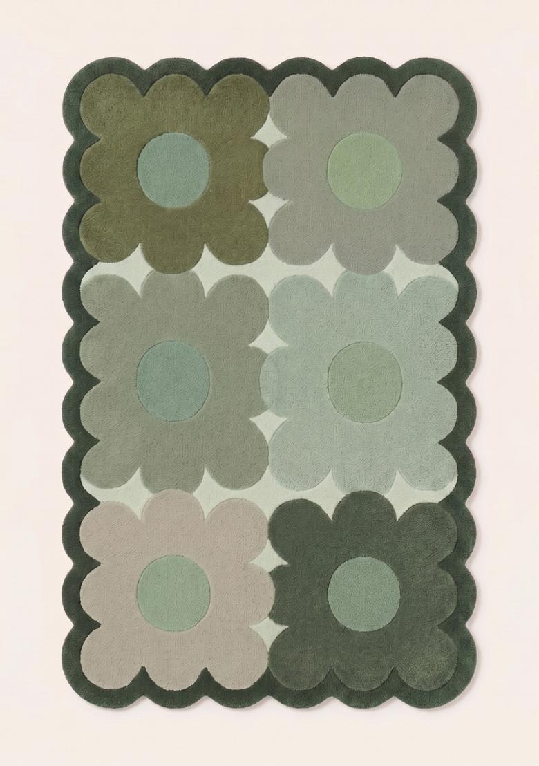 Saffron Rugs Hand Tufted Sage Green Floral Retro Scalloped Wool Area Rug - Indya