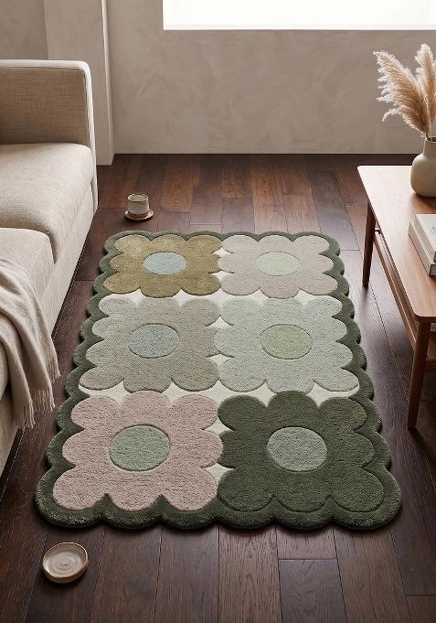 Saffron Rugs Hand Tufted Sage Green Floral Retro Scalloped Wool Area Rug