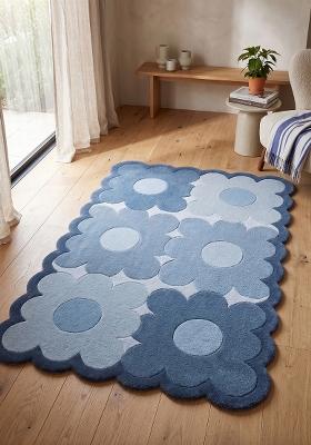 Saffron Rugs Hand Tufted Slate Blue Floral Retro Scalloped Wool Area Rug