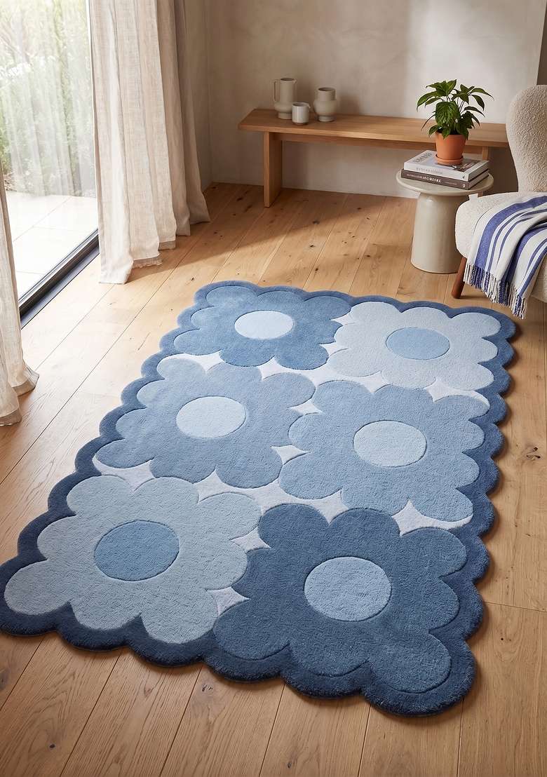 100% Wool Handmade Slate Blue Rug | Retro Floral Scalloped Carpet With Cotton Backing For Living Room - Indya