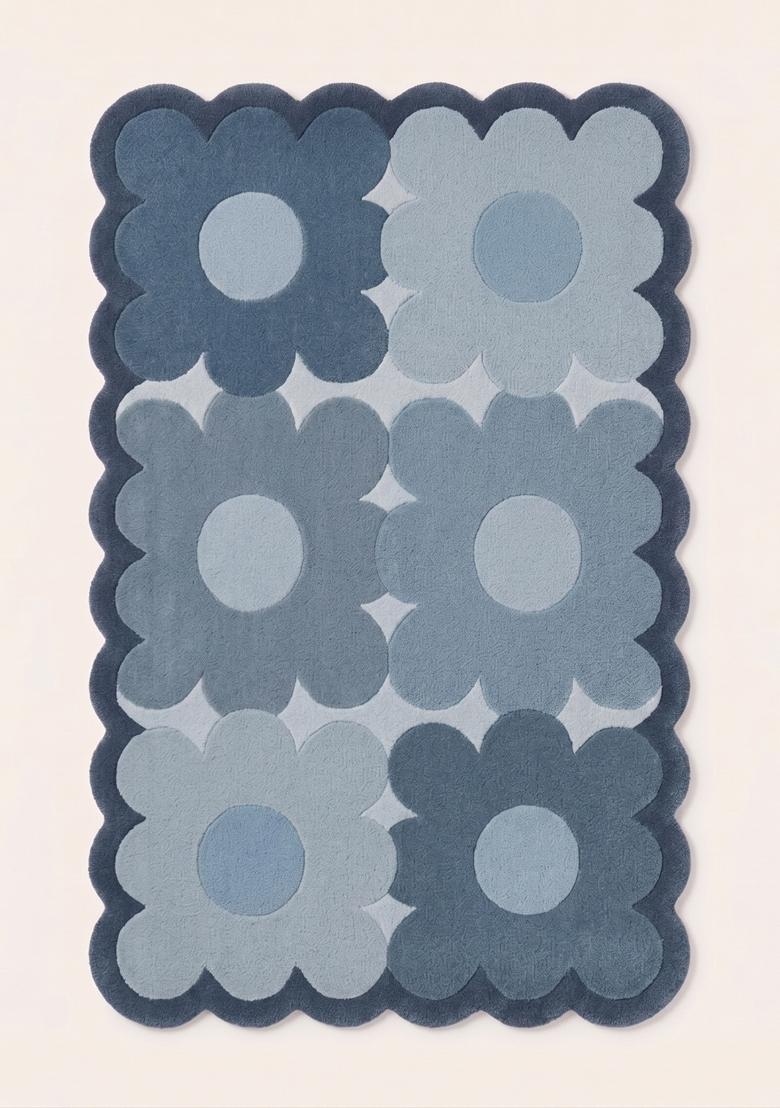 Saffron Rugs Hand Tufted Slate Blue Floral Retro Scalloped Wool Area Rug - Indya