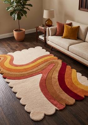 Saffron Rugs Hand Tufted Warm Multicolor Swirls Retro Scalloped Wool Area Rug