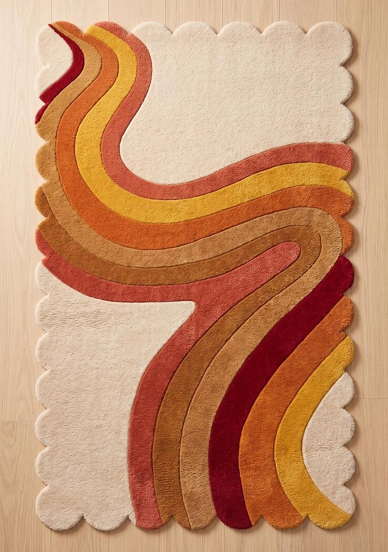 Saffron Rugs Hand Tufted Warm Multicolor Swirls Retro Scalloped Wool Area Rug - Indya