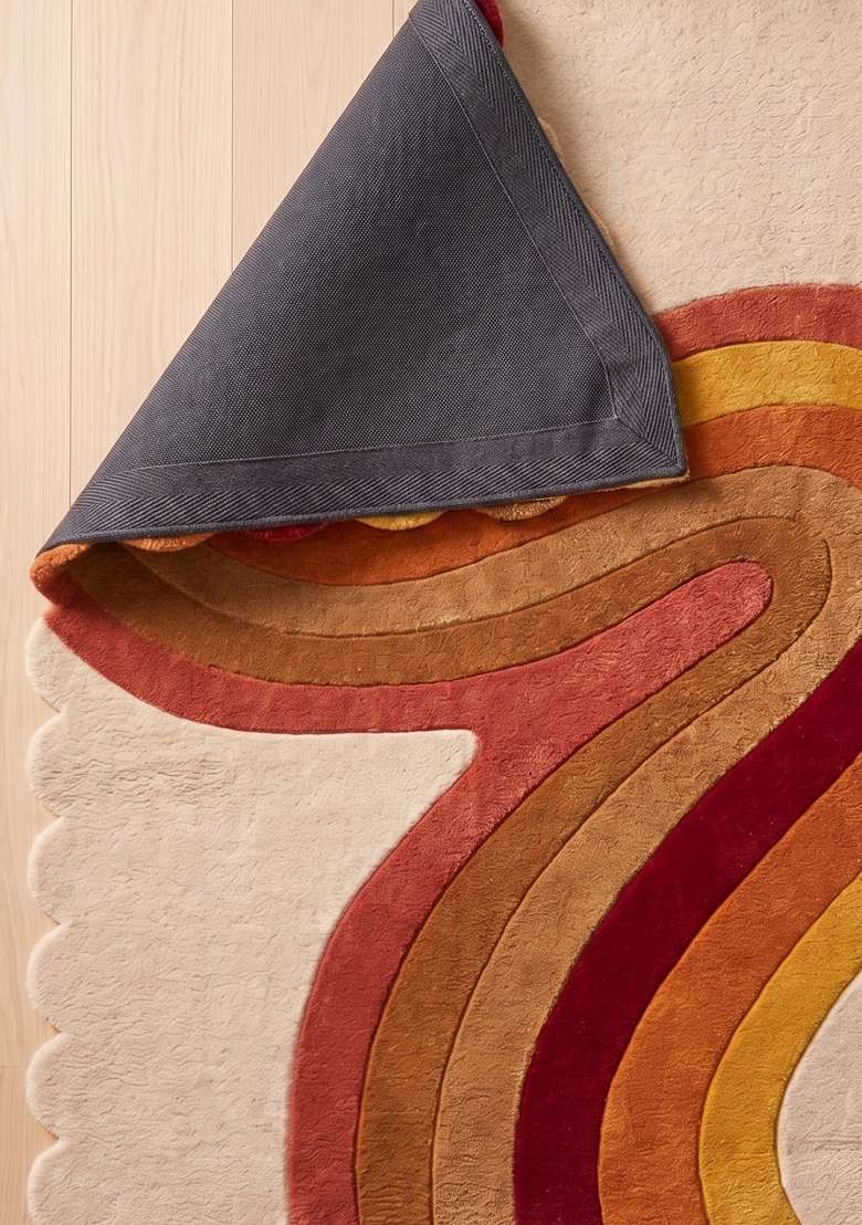 100% Wool Handmade Warm Multicolor Rug | Retro Swirls Scalloped Carpet With Cotton Backing For Living Room - Indya