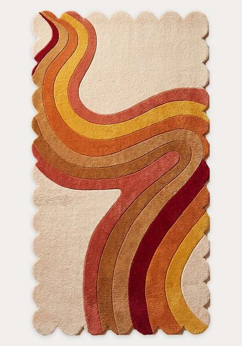 100% Wool Handmade Warm Multicolor Rug | Retro Swirls Scalloped Carpet With Cotton Backing For Living Room