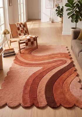 Saffron Rugs Hand Tufted Terracotta Swirls Retro Scalloped Wool Area Rug
