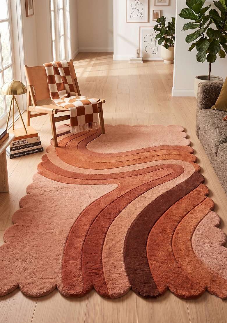 Saffron Rugs Terracotta Retro Swirl Hand Tufted Wool Scalloped Rug - Indya