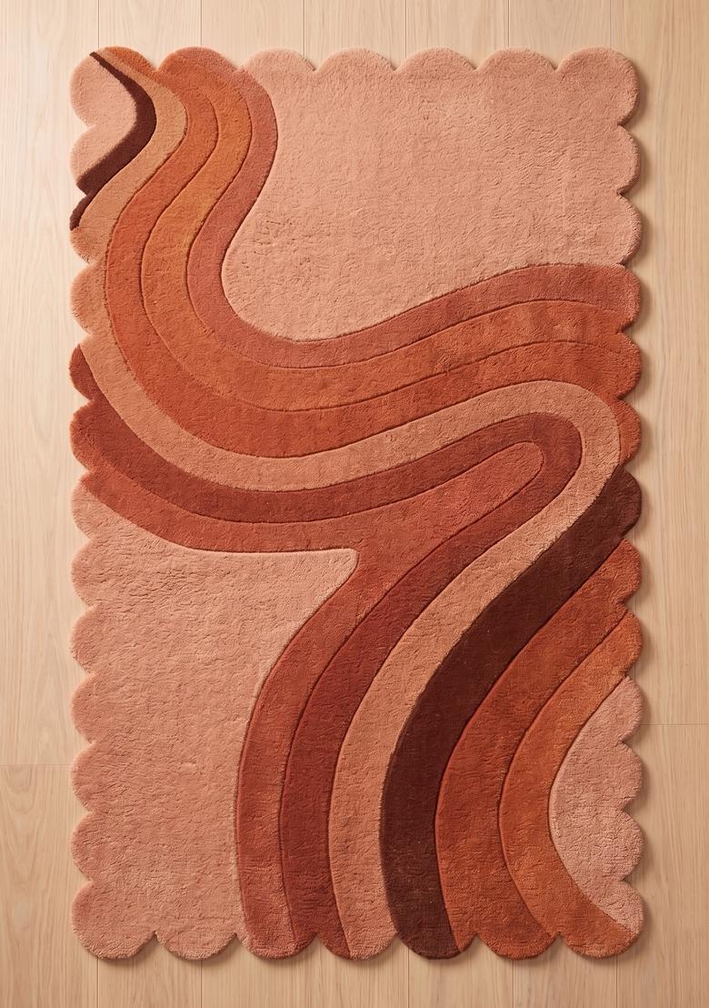 Saffron Rugs Hand Tufted Terracotta Swirls Retro Scalloped Wool Area Rug - Indya